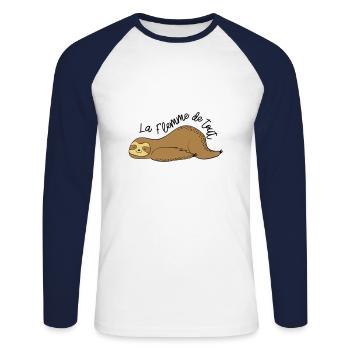 La flemme de tout / paresseux / dormir / fatigue - T-shirt baseball manches longues Homme - blanc/marine - Devant - Nik (191cm)