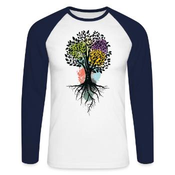 Wurzeln des Lebens | Baum Blätter Blattwerk Natur - Unisex Baseballshirt langarm - Weiß/Navy - Vorne - Nik (191cm)