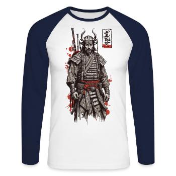 Samurai Ukiyo-E Retro Kanji Japan Streetwear - Unisex Long Sleeve Baseball T-Shirt - white/navy - Front - Nik (191cm)