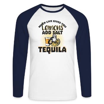 Tequila Amoureux> Les citrons ont besoin de sel et Tequila - T-shirt baseball manches longues Homme - blanc/marine - Devant - Nik (191cm)