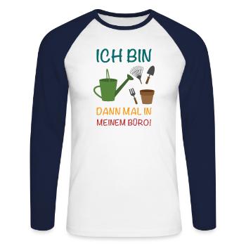 I'm then times in my office - garden! nursery - Unisex Long Sleeve Baseball T-Shirt - white/navy - Front - Nik (191cm)