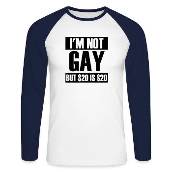 Je ne suis pas gay mais 20 $, c'est 20 $ d'humour grincheux - T-shirt baseball manches longues Homme - blanc/marine - Devant - Nik (191cm)
