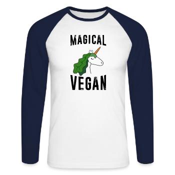 VEGAN Shirt · MAGICAL VEGAN · Cadeau - T-shirt baseball manches longues Homme - blanc/marine - Devant - Nik (191cm)