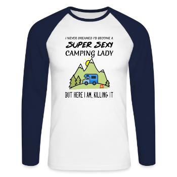 Womens Super Sexy Camping Lady Girl Quote Funny - Unisex Long Sleeve Baseball T-Shirt - white/navy - Front - Nik (191cm)