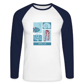 Ozean - Unisex Baseballshirt langarm - Weiß/Navy - Vorne - Nik (191cm)