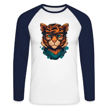 Tiger als Nerd mit Buch - Unisex Baseballshirt langarm - Weiß/Navy - Vorne - Nik (191cm)
