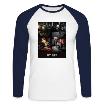 Training Sportswear Bodybuilding Fitness Kleidung - Unisex Baseballshirt langarm - Weiß/Navy - Vorne - Nik (191cm)