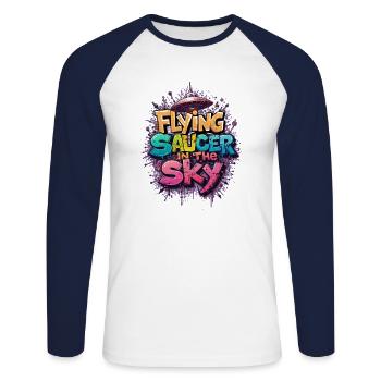 Une soucoupe volante dans le ciel - T-shirt baseball manches longues Homme - blanc/marine - Devant - Nik (191cm)
