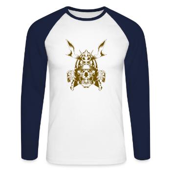 Motif Samurai - T-shirt baseball manches longues Homme - blanc/marine - Devant - Nik (191cm)