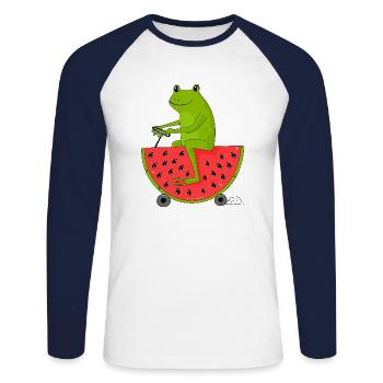Grenouille et pastèque - T-shirt baseball manches longues Homme - blanc/marine - Devant - Nik (191cm)