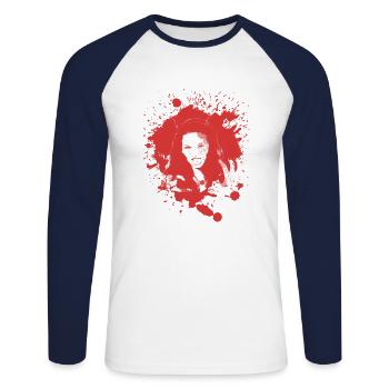 Halloween ensanglanté visage diable idée cadeau - T-shirt baseball manches longues Homme - blanc/marine - Devant - Nik (191cm)