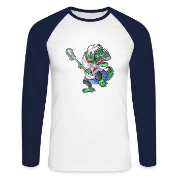 Lacrosse Dinosaur T-Rex Lacrosse Stick Funny Lax - Unisex Long Sleeve Baseball T-Shirt - white/navy - Front - Nik (191cm)
