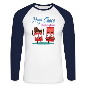 Design avec du chocolat - T-shirt baseball manches longues Homme - blanc/marine - Devant - Nik (191cm)