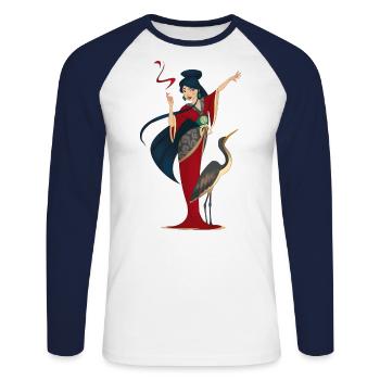 Asian Woman Sorceress with Heron Asia - Unisex Long Sleeve Baseball T-Shirt - white/navy - Front - Nik (191cm)