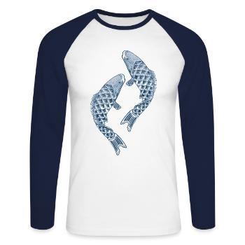Koï bleu - T-shirt baseball manches longues Homme - blanc/marine - Devant - Nik (191cm)