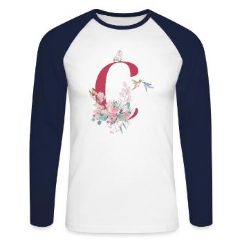 Buchstabe c floral - Geschenkidee - Unisex Baseballshirt langarm - Weiß/Navy - Vorne - Nik (191cm)