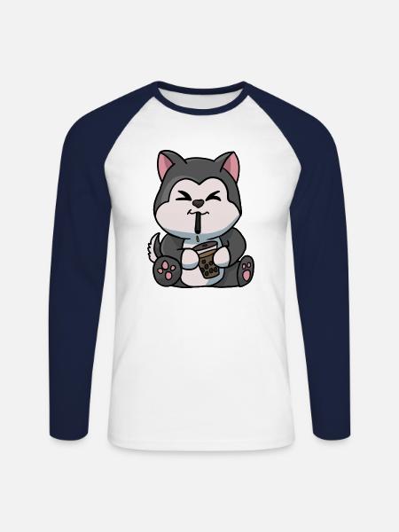 Anime Kawaii Bubble Tea Drinking Husky Hand Drawn - Unisex Long Sleeve Baseball T-Shirt - white/navy
