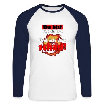 Du bist was du isst ich esse scharf chili Spruch - Unisex Baseballshirt langarm - Weiß/Navy - Vorne - Nik (191cm)
