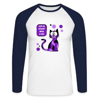 Life is better with a cat! - Unisex Long Sleeve Baseball T-Shirt - white/navy - Front - Nik (191cm)
