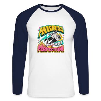 Fortschritt statt Perfektion Statement - Unisex Baseballshirt langarm - Weiß/Navy - Vorne - Nik (191cm)