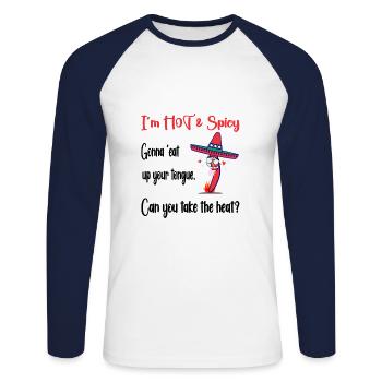 Mexikanische Chili in Sombero (W2) - Unisex Baseballshirt langarm - Weiß/Navy - Vorne - Nik (191cm)