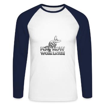 PLAY NOW WORK LATER! + DNA - Gaming - Unisex Baseballshirt langarm - Weiß/Navy - Vorne - Nik (191cm)