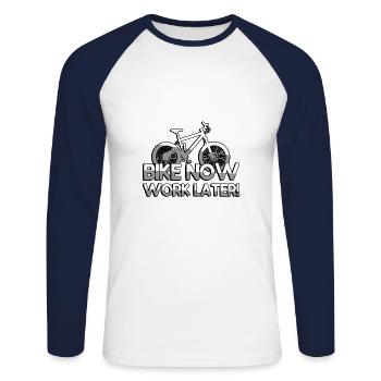 BIKE NOW WORK LATER! + Bike - Sport - Unisex Baseballshirt langarm - Weiß/Navy - Vorne - Nik (191cm)