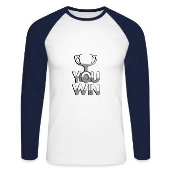 YOU WIN + Trophäe - Gaming - Unisex Baseballshirt langarm - Weiß/Navy - Vorne - Nik (191cm)