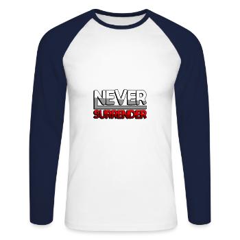 NEVER SURRENDER (Red) - Gaming - Unisex Long Sleeve Baseball T-Shirt - white/navy - Front - Nik (191cm)