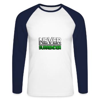 NEVER SURRENDER (Grün) - Gaming - Unisex Baseballshirt langarm - Weiß/Navy - Vorne - Nik (191cm)