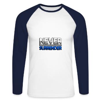 NEVER SURRENDER (Blue) - Gaming - Unisex Long Sleeve Baseball T-Shirt - white/navy - Front - Nik (191cm)