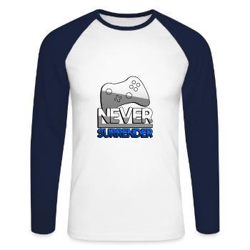 NEVER SURRENDER (Blue) + Controller - Gaming - Unisex Long Sleeve Baseball T-Shirt - white/navy - Front - Nik (191cm)