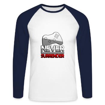NEVER SURRENDER (Red) + Controller - Gaming - Unisex Long Sleeve Baseball T-Shirt - white/navy - Front - Nik (191cm)