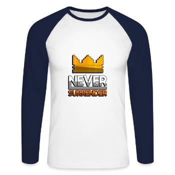 NEVER SURRENDER (Orange) + King Crown - Gaming - Unisex Long Sleeve Baseball T-Shirt - white/navy - Front - Nik (191cm)