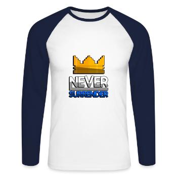NEVER SURRENDER (Blue) + King Crown - Gaming - Unisex Long Sleeve Baseball T-Shirt - white/navy - Front - Nik (191cm)