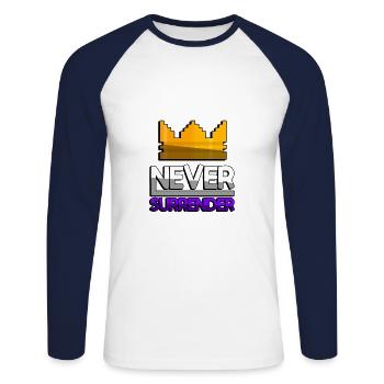 NEVER SURRENDER (Lila) + King Crown - Gaming - Unisex Baseballshirt langarm - Weiß/Navy - Vorne - Nik (191cm)