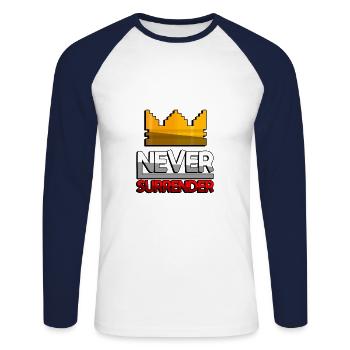 NEVER SURRENDER (Red) + King Crown - Gaming - Unisex Long Sleeve Baseball T-Shirt - white/navy - Front - Nik (191cm)