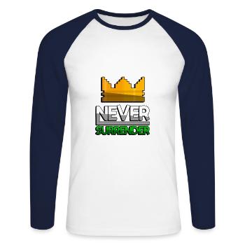 NEVER SURRENDER (Grün) + King Crown - Gaming - Unisex Baseballshirt langarm - Weiß/Navy - Vorne - Nik (191cm)
