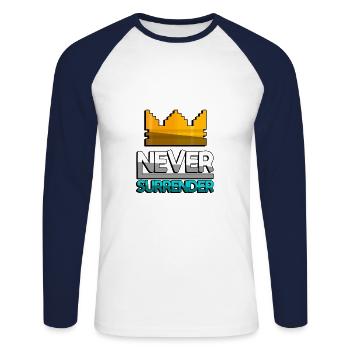 NEVER SURRENDER (Türkis) + King Crown - Gaming - Unisex Baseballshirt langarm - Weiß/Navy - Vorne - Nik (191cm)