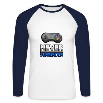 NEVER SURRENDER (Blue) + SNES Controller - Gaming - Unisex Long Sleeve Baseball T-Shirt - white/navy - Front - Nik (191cm)