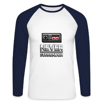 NEVER SURRENDER (White) + NES Controller - Gaming - Unisex Long Sleeve Baseball T-Shirt - white/navy - Front - Nik (191cm)