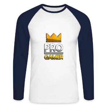 PRO GAMER (Gelb) + King Crown - Gaming - Unisex Baseballshirt langarm - Weiß/Navy - Vorne - Nik (191cm)