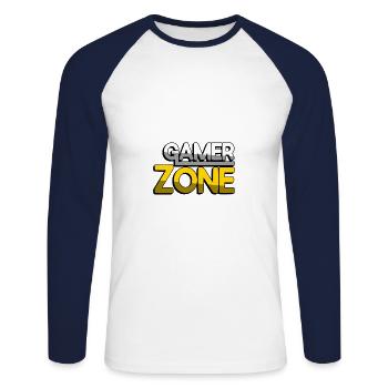 GAMER ZONE (Gelb) - Gaming - Unisex Baseballshirt langarm - Weiß/Navy - Vorne - Nik (191cm)