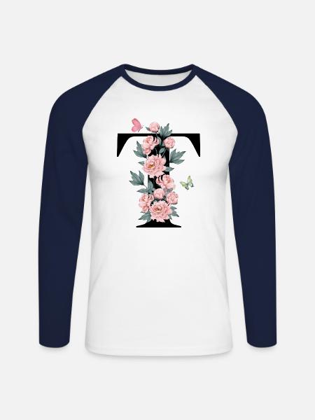 Lettre t fleurs rose - T-shirt baseball manches longues Homme - blanc/marine