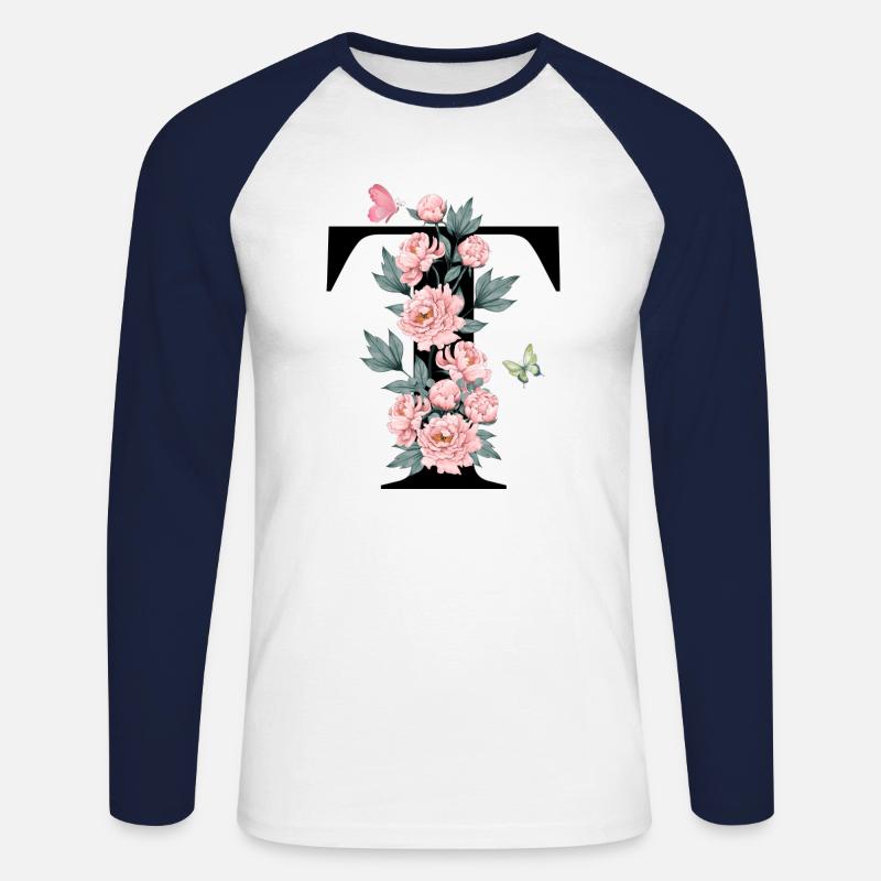 Buchstabe t Rosa Blumen - Unisex Baseballshirt langarm - Weiß/Navy
