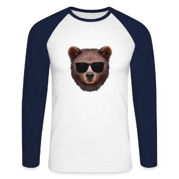 Visage d’ours avec lunettes de soleil - T-shirt baseball manches longues Homme - blanc/marine - Devant - Nik (191cm)