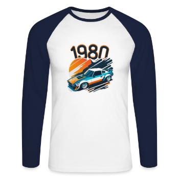 1980 Voiture japonaise style vintage - T-shirt baseball manches longues Homme - blanc/marine - Devant - Nik (191cm)
