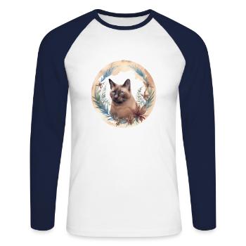 Burmesische Katze Boho Elemente, Katzen - Unisex Baseballshirt langarm - Weiß/Navy - Vorne - Nik (191cm)