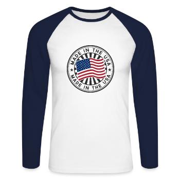 Hergestellt in den USA - Unisex Baseballshirt langarm - Weiß/Navy - Vorne - Nik (191cm)