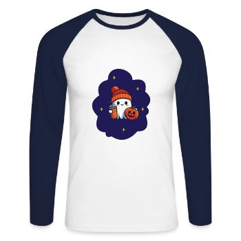 AUTUMN - Pumpkin Ghost - Unisex Baseballshirt langarm - Weiß/Navy - Vorne - Nik (191cm)